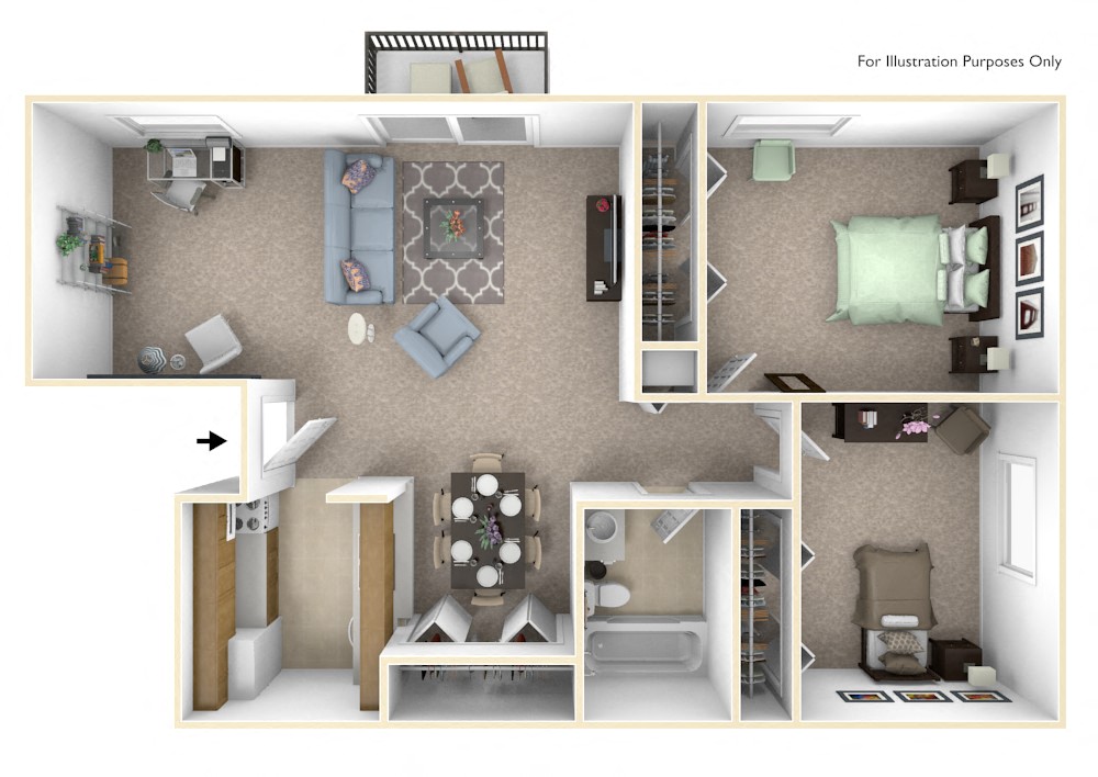Floor plan for 2 beds, 1 bath, 760 sqft